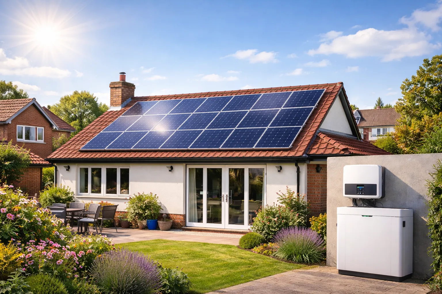 A UK home with a roof-mounted solar array, its inverter and a battery unit outside