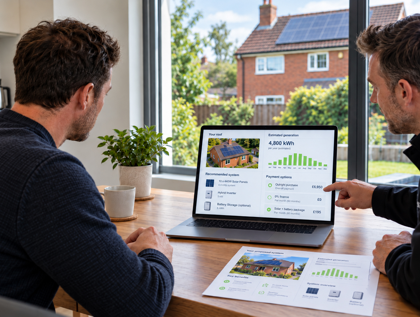 An adviser reviewing a proposed solar system, estimated generation and payment options with a homeowner on a laptop