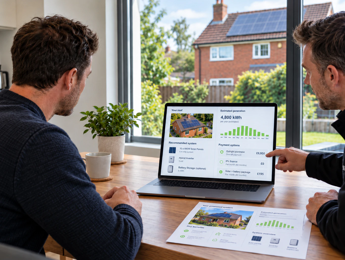 An adviser reviewing a proposed solar system, estimated generation and payment options with a homeowner on a laptop