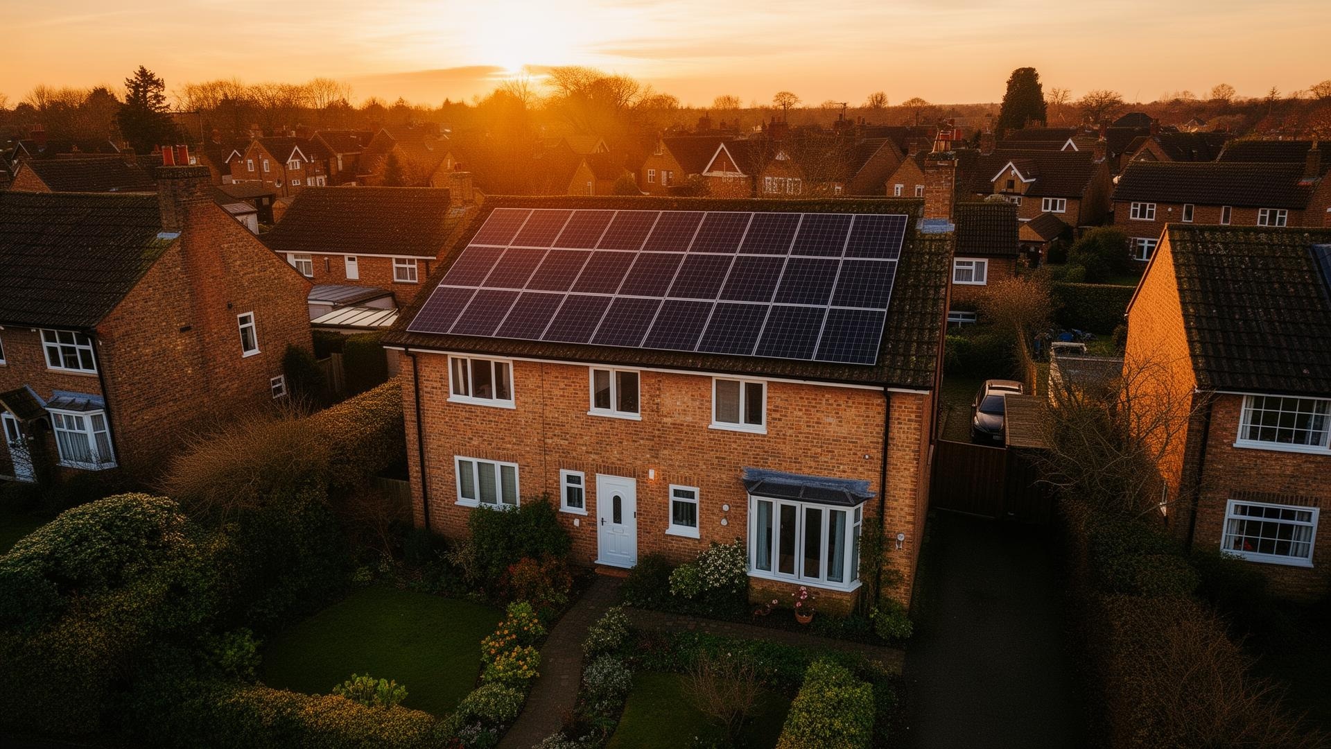 Aerial view of a UK home with rooftop solar panels at sunset