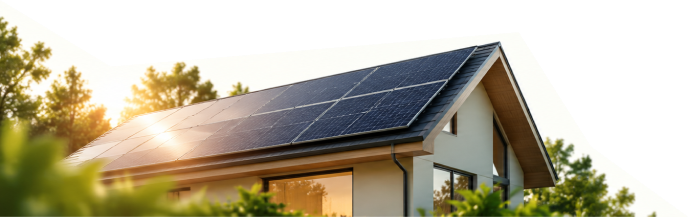 A detached home with roof-mounted solar panels at sunset
