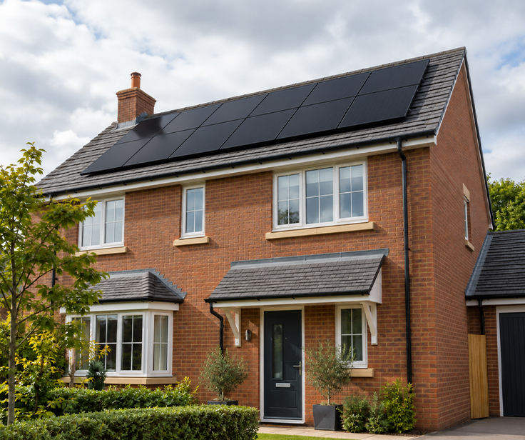 UK brick house with black solar panels on its roof under a cloudy sky