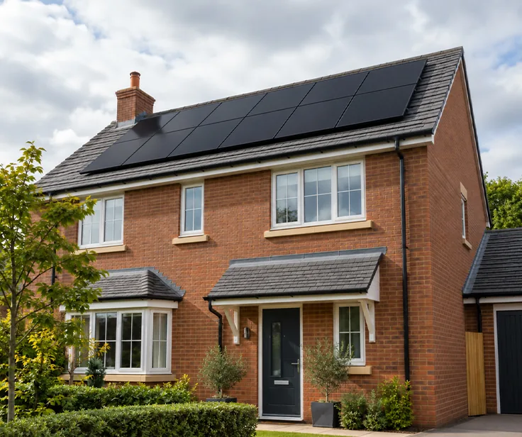 UK brick house with black solar panels on its roof under a cloudy sky